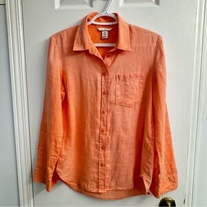 H&M Women's Coral Peach Linen Button-Down Long Sleeve Blouse - Size XS